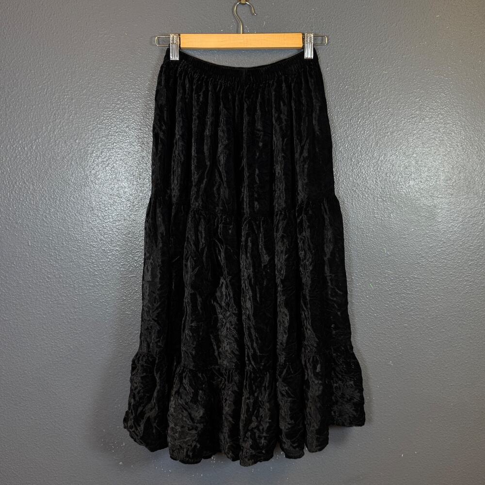 Double D Ranch S women’s black dress Tiered velvet maxi skirt 100% rayon